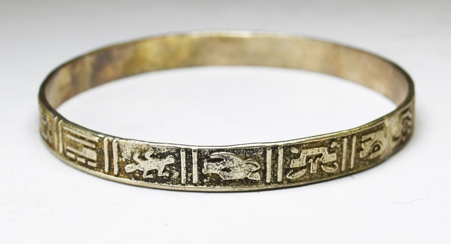 Sterling Silver Hieroglyphics Round Bangle Medium Bracelet 8mm