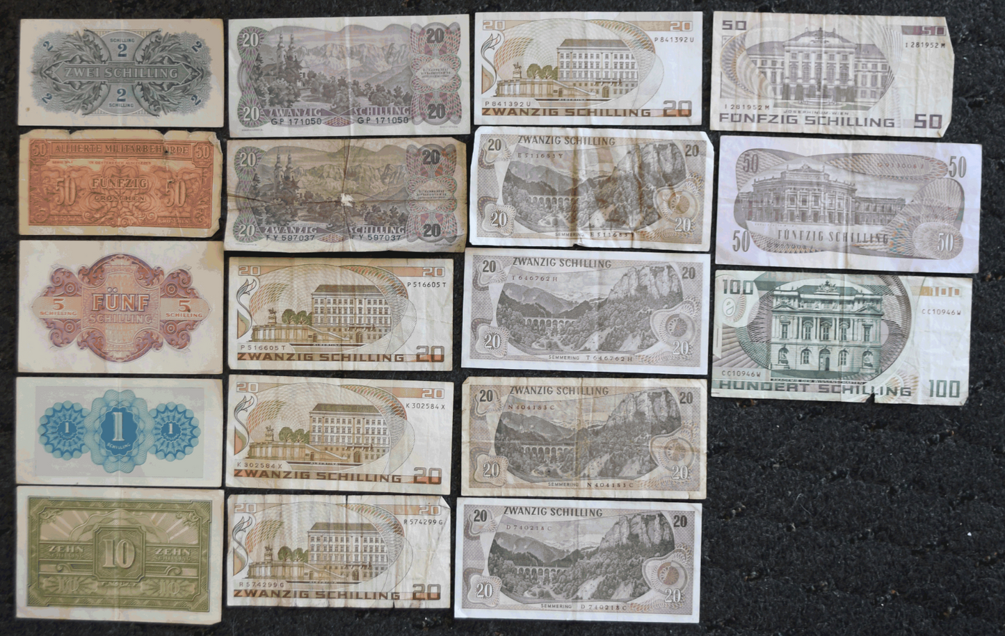 Lot of 18 Austria Banknotes 1 2 5 10 20 50 100 Schilling  1944-1986