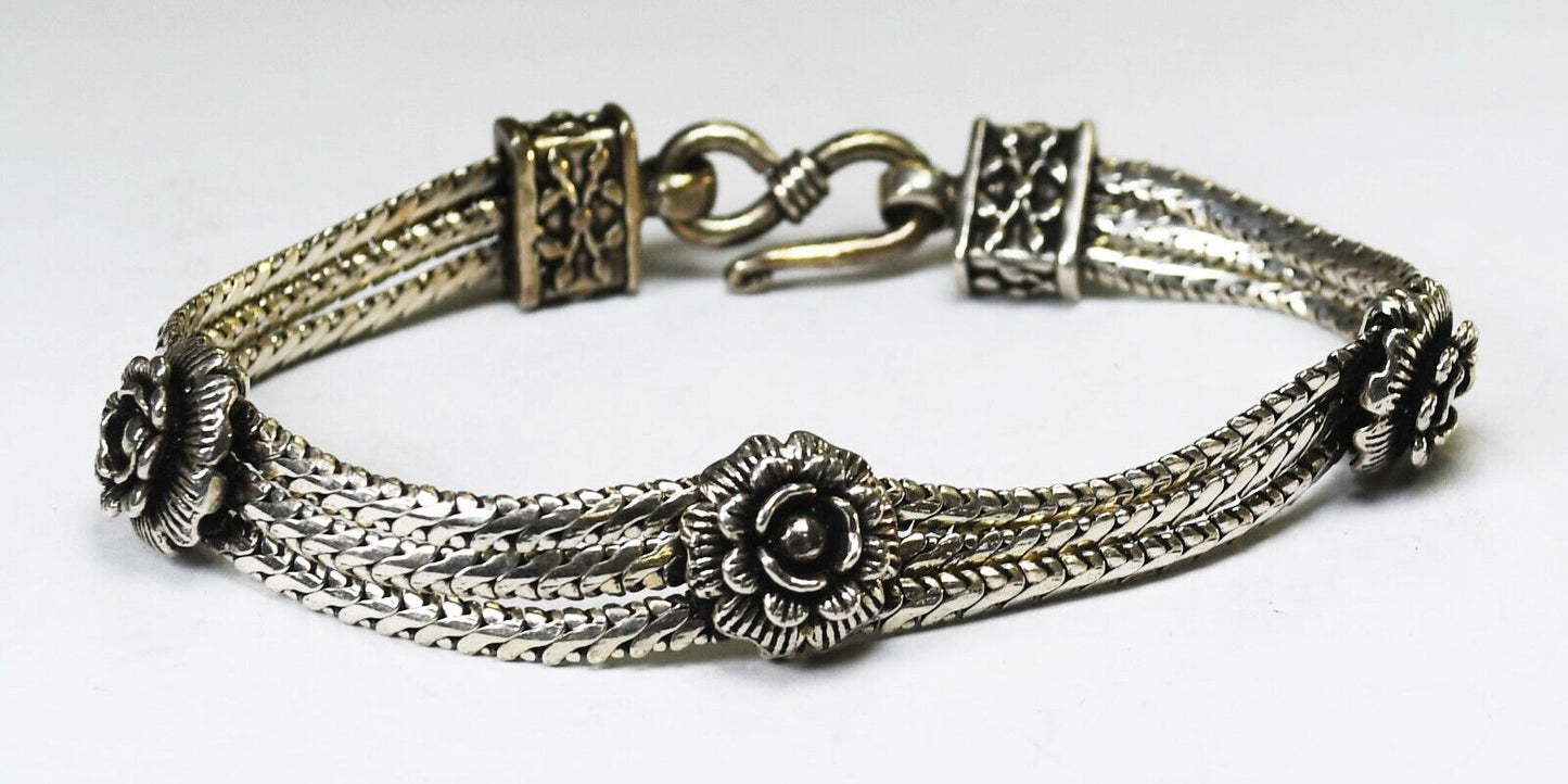 Sterling Silver Triple Franco Chain Flower Bracelet 11mm 7.5"