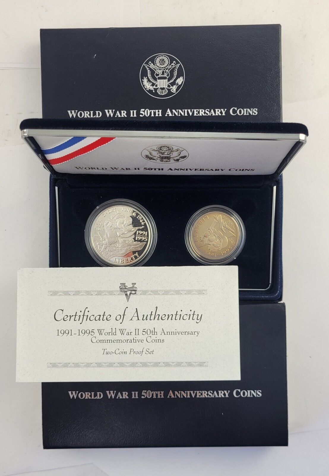 World War II 50th Anniversary 2-Coin Set Silver Dollar & Half Dollar COA Boxed
