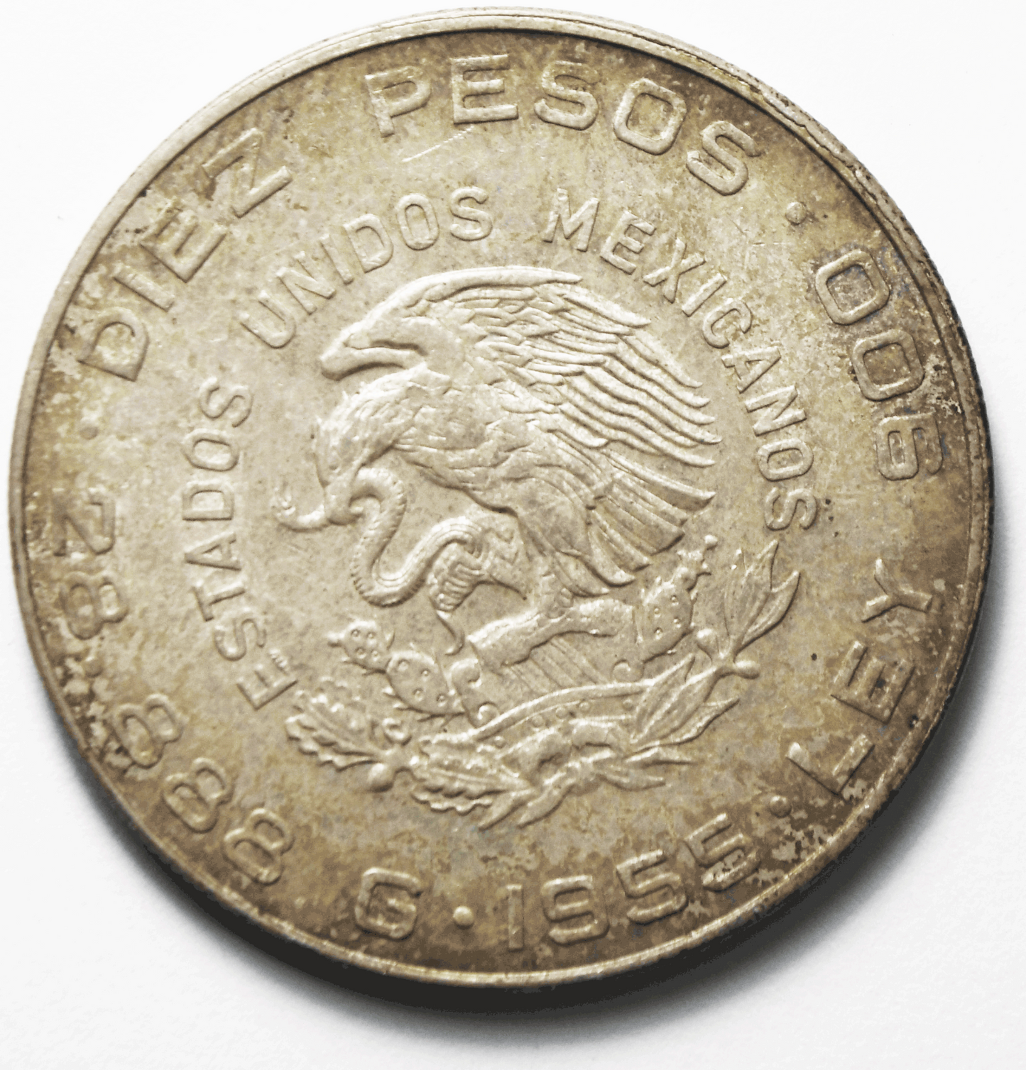 1955 Mexico Estados Unidos Mexicanos Ten 10 Diez Pesos Silver Coin KM#474