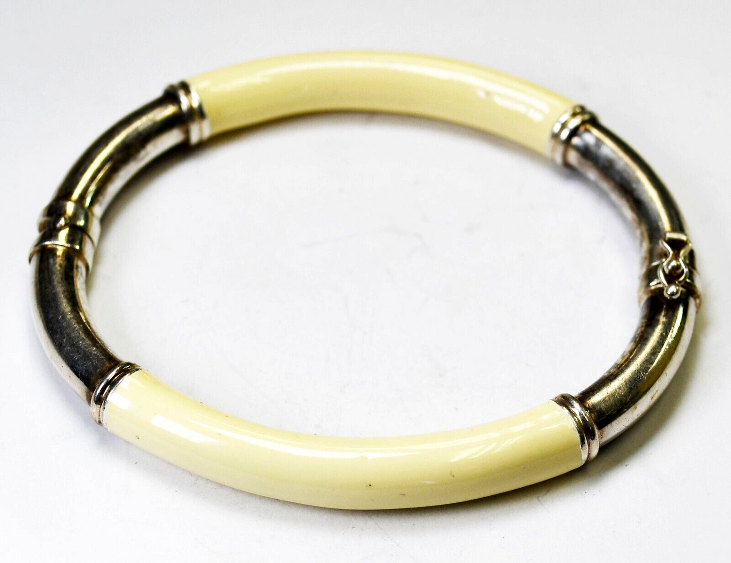 Sterling Silver Milor Ivory Enamel Hinged Bangle Bracelet 7mm 6-3/4" Wrist