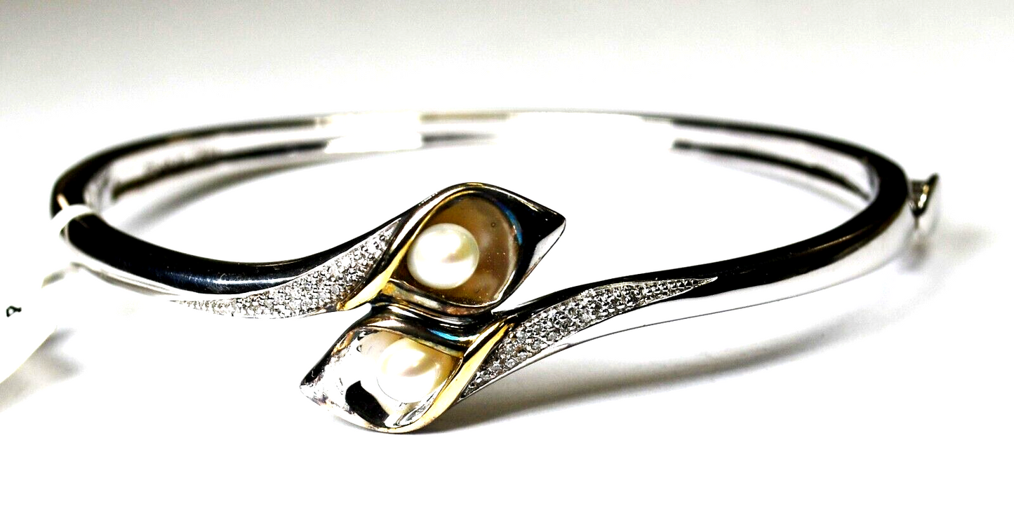 Sterling Silver 14k RL Lily Pearl Hinged Bangle Bracelet 18mm 7" Wrist