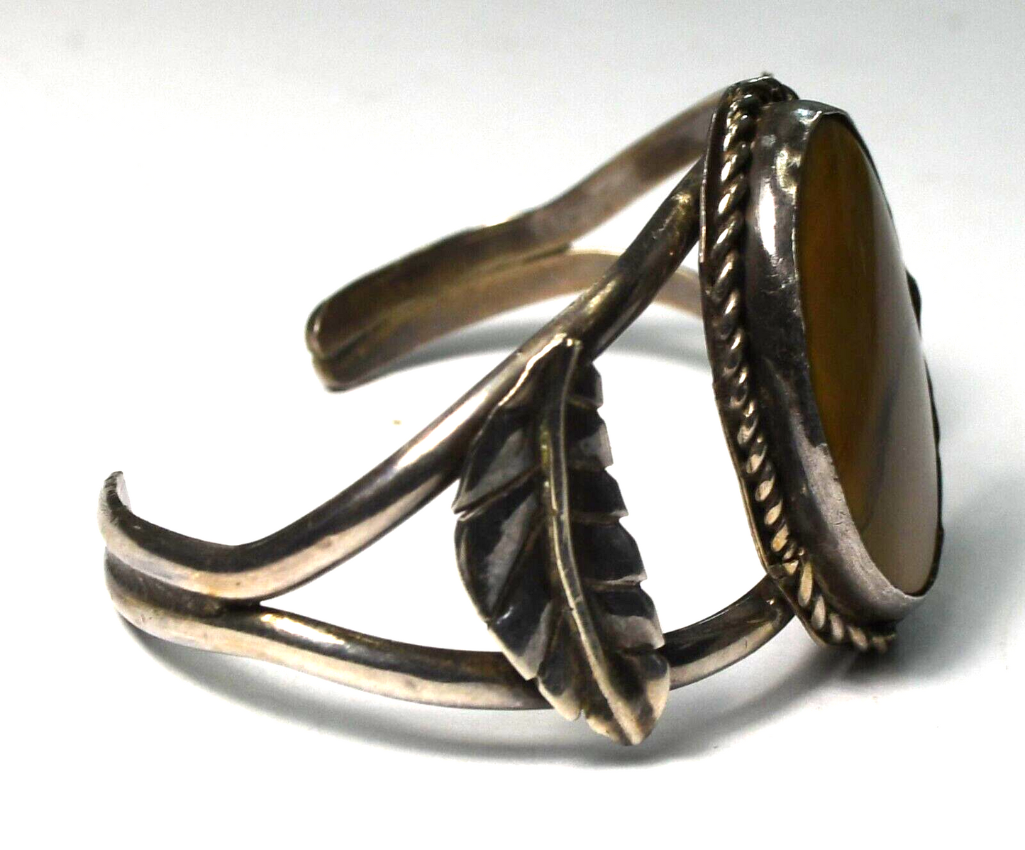 Sterling Silver Oval Jasper Leaf Edge Cuff 34mm Cuff Bracelet 5-3/4" Wrist