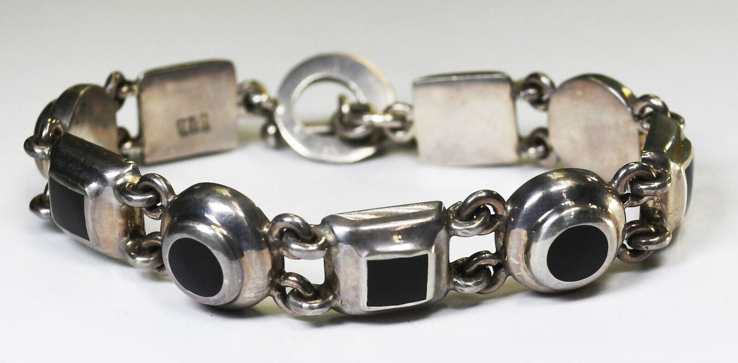Sterling Silver Black Onyx Square Circle Toggle Bracelet 12mm 8"
