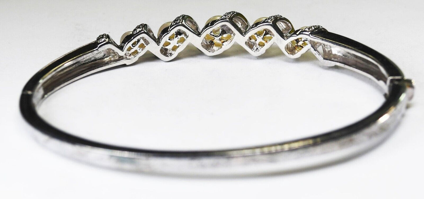 Sterling Silver Pearl CZ Hinged Bangle 9mm Bracelet