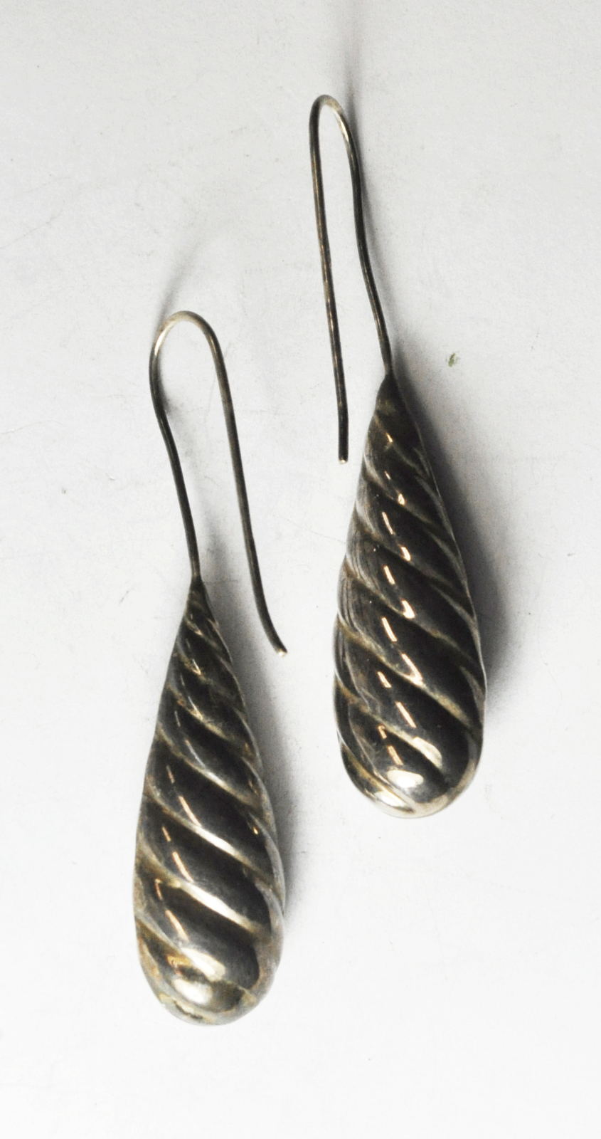Sterling Silver Puffy Spiral Teardrop Hook Dangle Earrings 2.5" x 8mm
