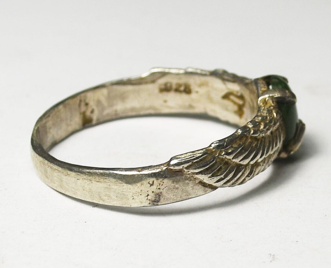 Sterling Silver Oval Green Jade Eagles Wings Ring 9mm Size 13