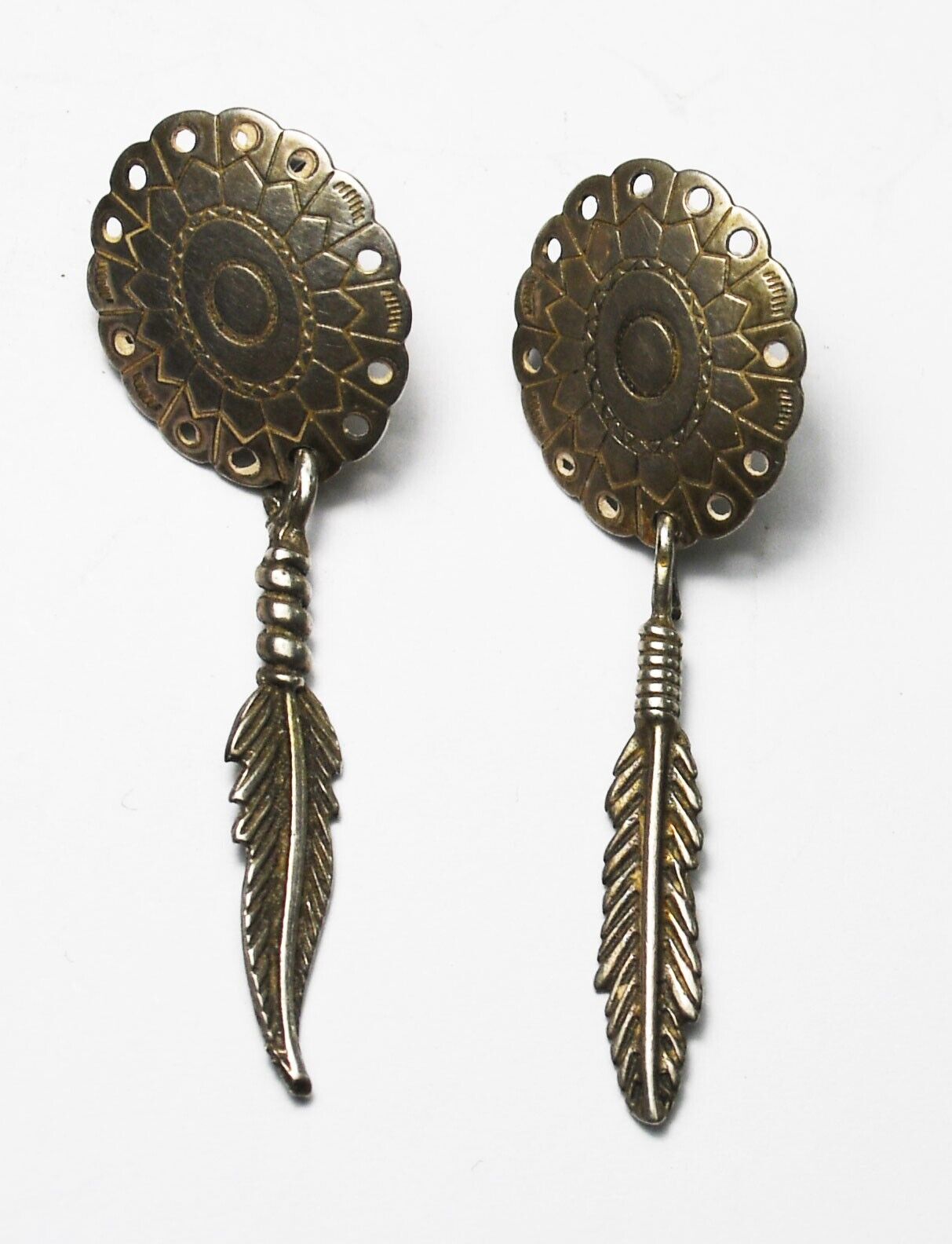 Sterling Silver Oval Concho Single Feather Dangle Earrings 42mm x 14mm