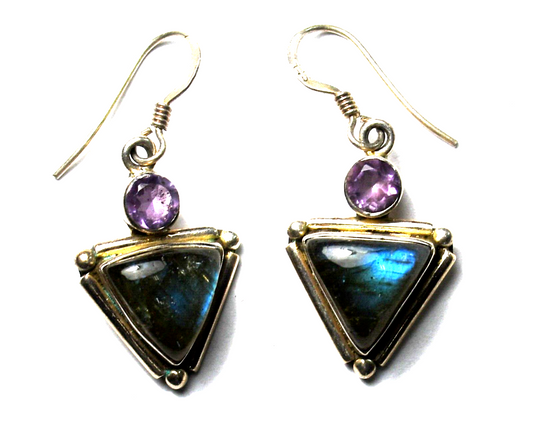 Sterling Silver Labradorite Triangle Amethyst Dangle Hook Earrings 35mm x 16mm