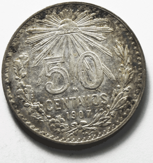 1907 Mexico Estados Unidos Mexicanos Fifty Centavos 50c Silver Coin KM#445 DDO