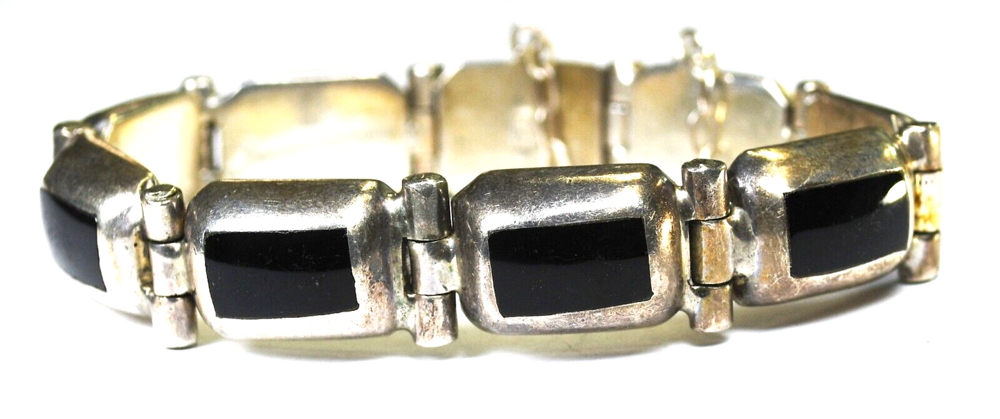 Sterling Silver Rectangle Onyx Bracelet 12mm 7-1/2"