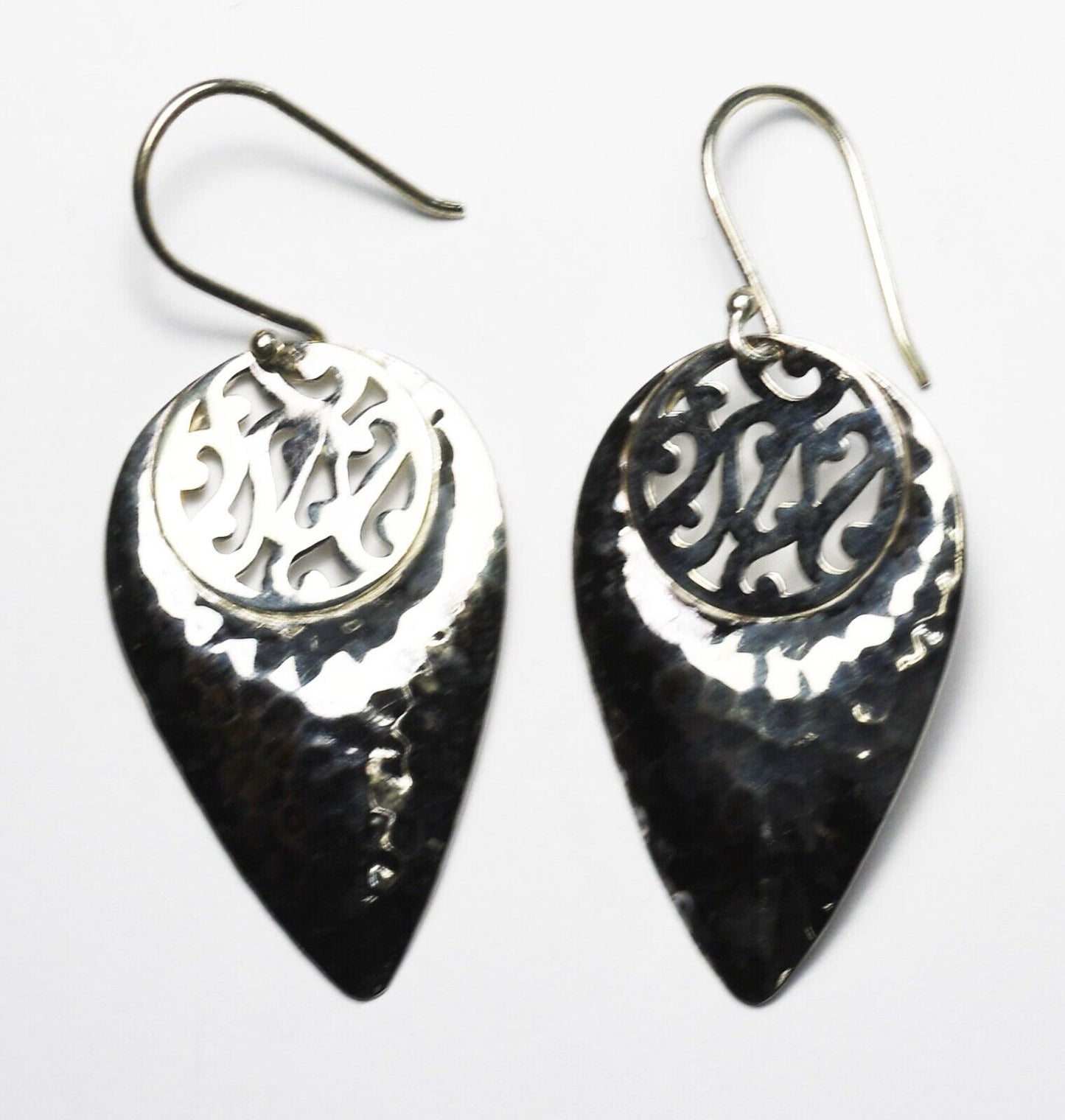 Sterling RGN Hammered Teardrop Scroll Guitar Pick Earrings 40mm x 23mm