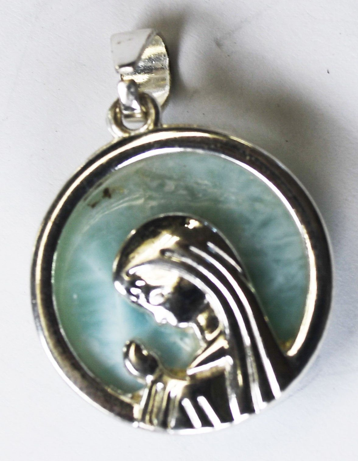 Silver Plated Larimar Round Reversible Prayer Pendant 30mm x 22mm