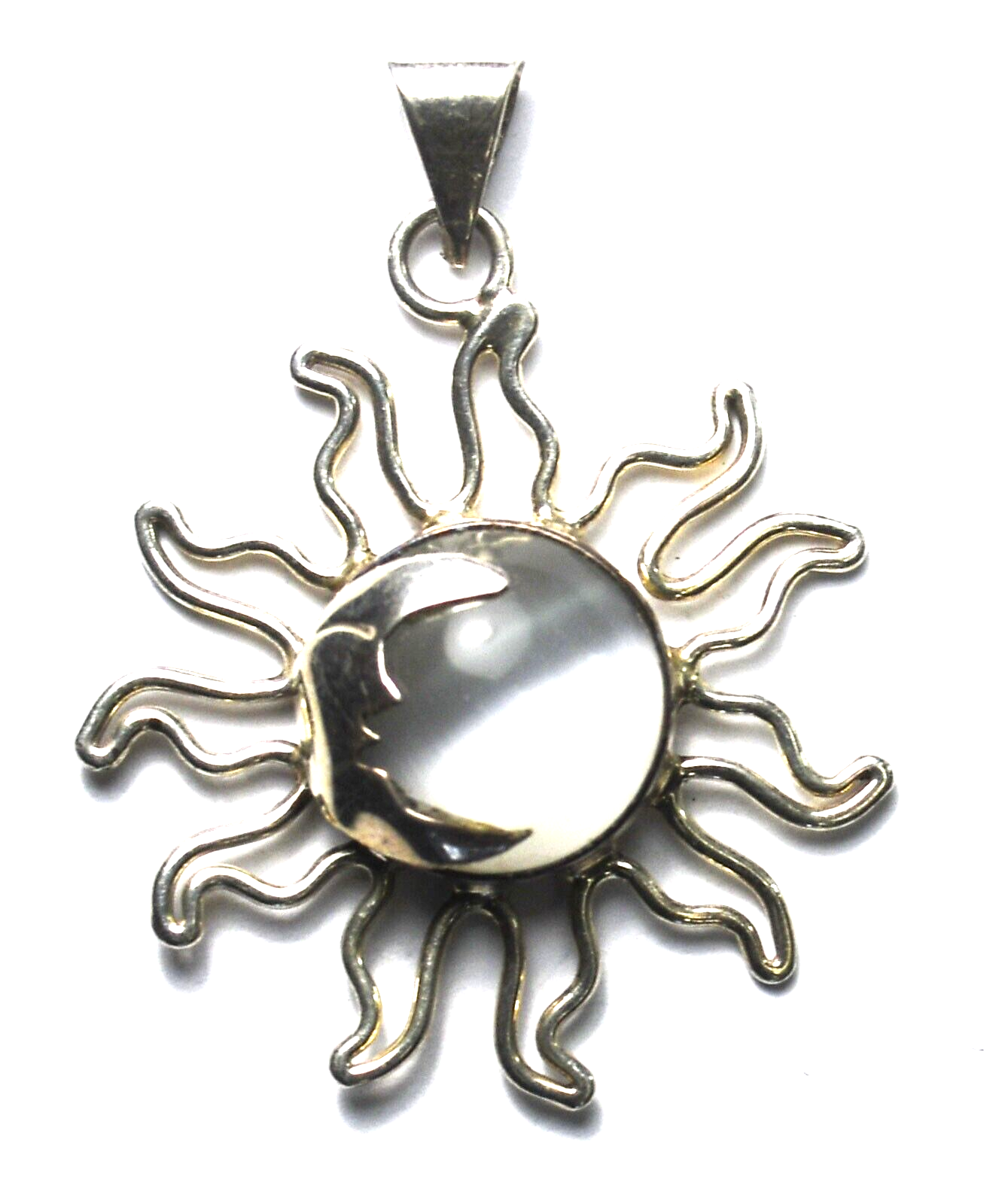 Sterling Silver Round White Tiger's Eye Moon Sun Wire Pendant 33mm x 43mm