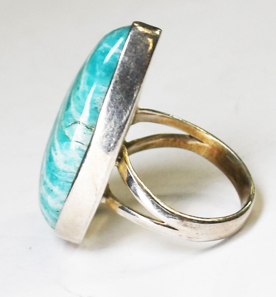 Sterling Silver Teardrop Amazonite Green Blue Ring 31mm Size 7