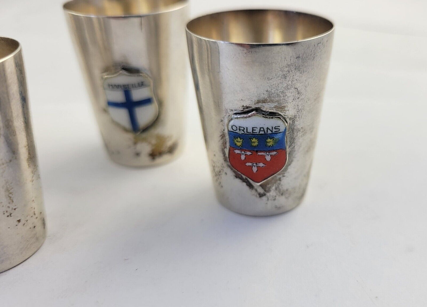 6pc. Sterling Souvenir Shot Glasses 2.4oz. Paris, Orleans, Versailles 1 3/8"