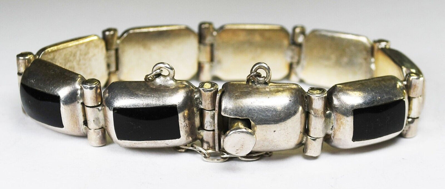 Sterling Silver Rectangle Onyx Bracelet 12mm 7-1/2"