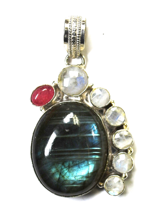 Sterling Silver Labradorite Crackle Quartz Pendant 51mm x 29mm