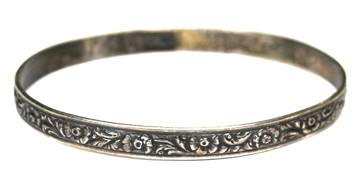 Vintage Sterling Silver Danecraft Flower Leaf Scroll Bangle 6mm Bracelet