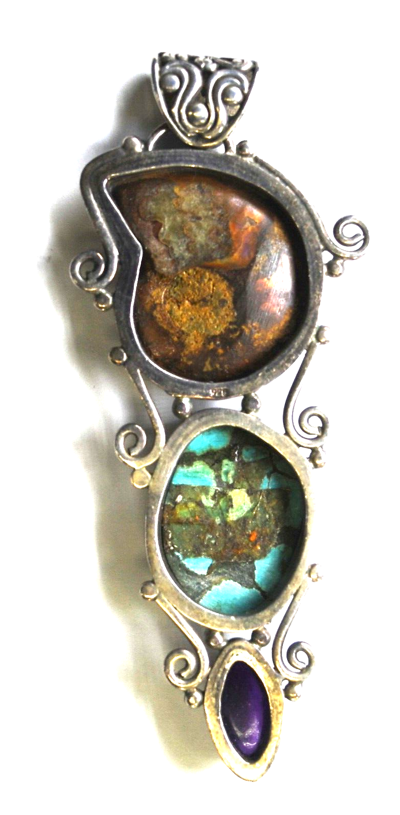 Sterling Silver Turquoise Quartz Shell Amethyst Pendant 3.5" x 37mm