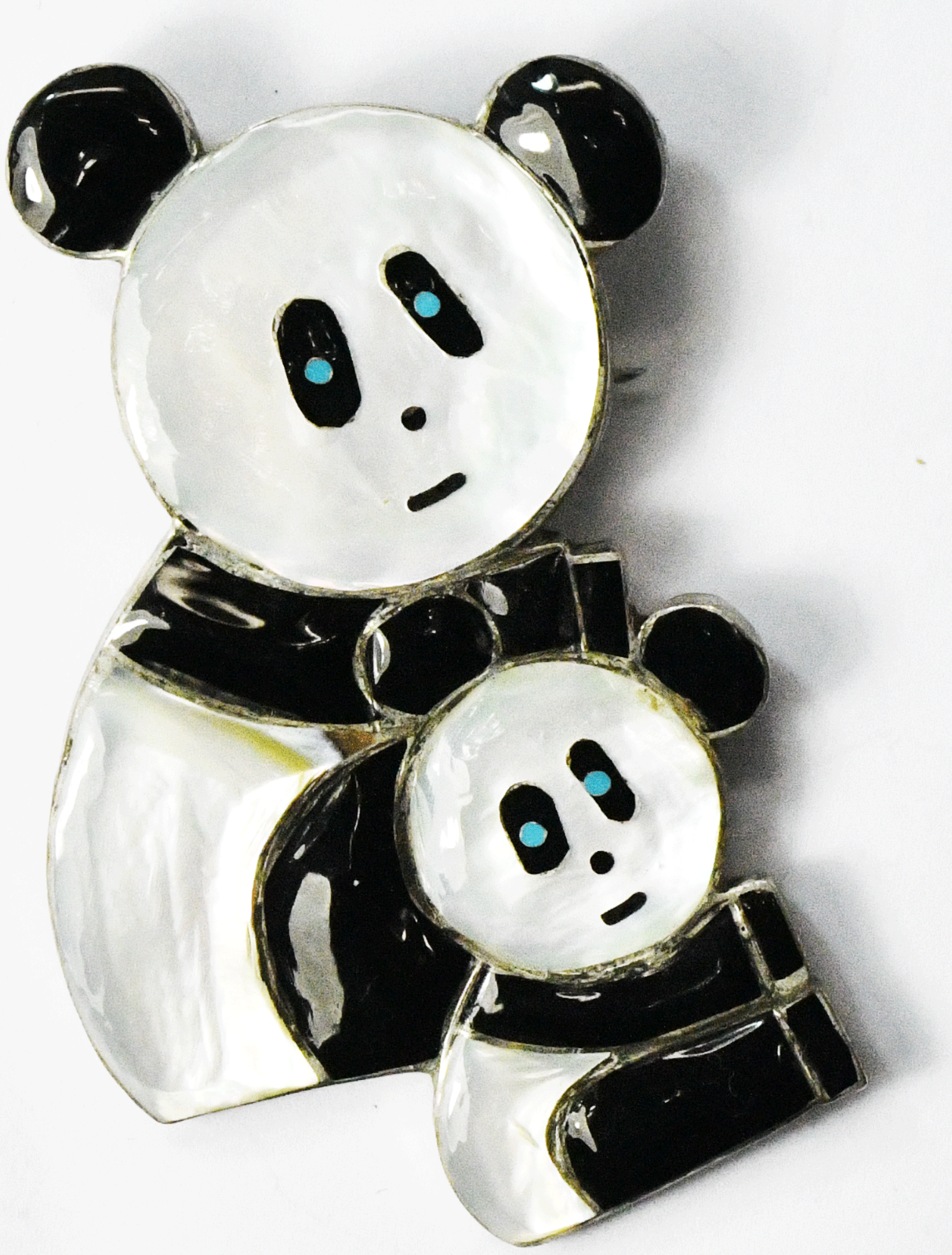 Sterling Silver RKL Panda & Cub Onyx Turquoise MOP Inlay Pendant Brooch 73x46mm