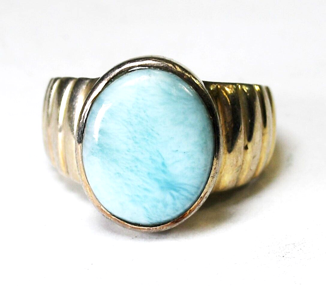 Sterling Silver Oval Larimar Stepped Edge 15mm Ring Size 9