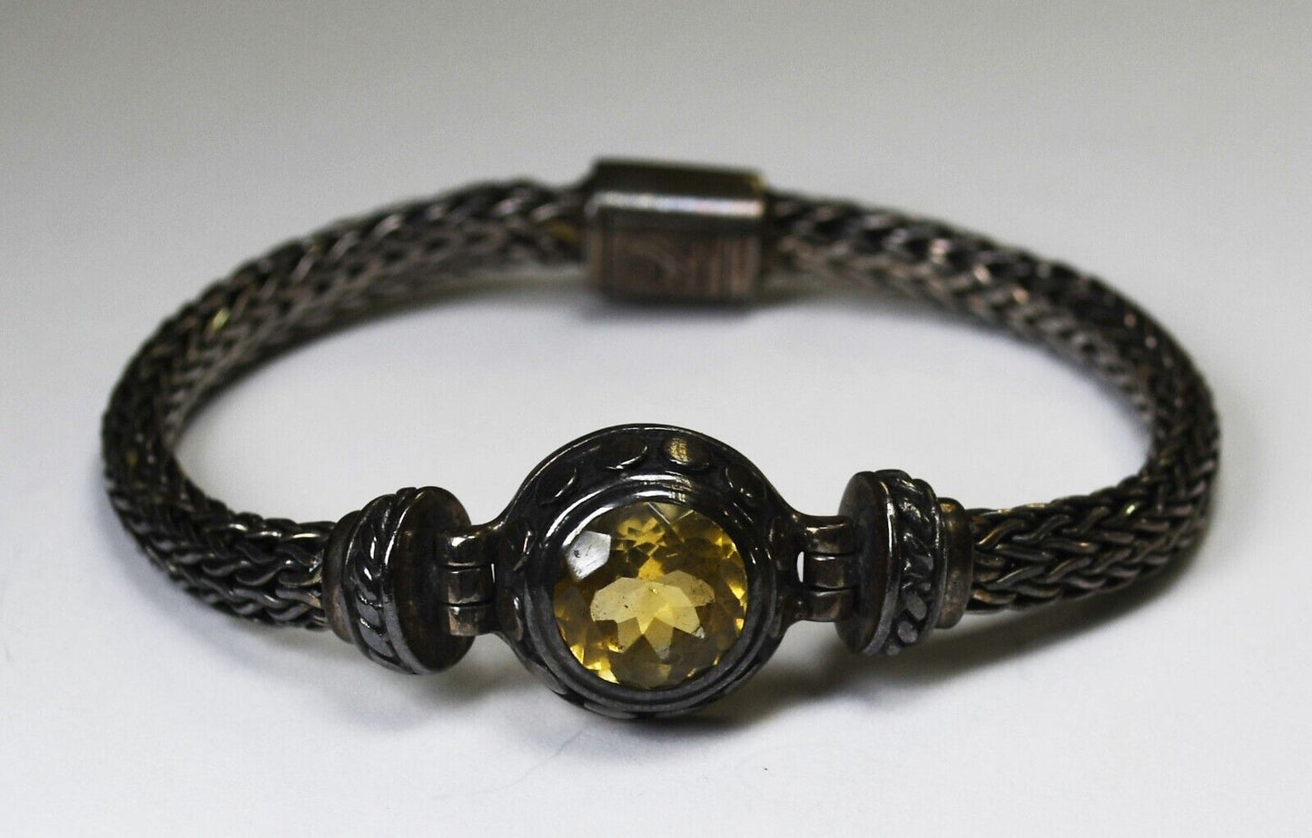 Sterling Rustic Cuff 5mm Wheat Chain 14mm Round Citrine Bracelet 7.25" Wrist