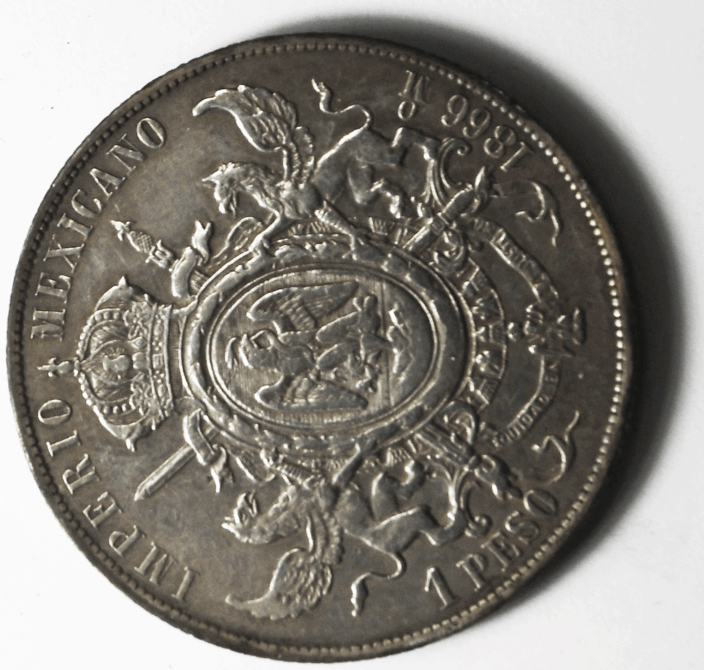 1866 Mo Mexico Empire Of Maximilian Peso KM# 388.1 Silver Coin Cleaned