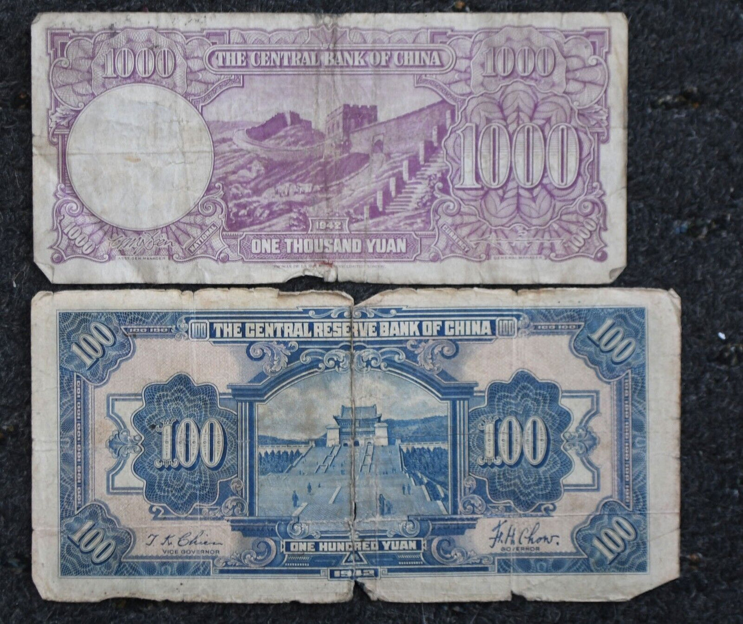 1942 Central Bank of China Notes 100 & 1,000 Yuan