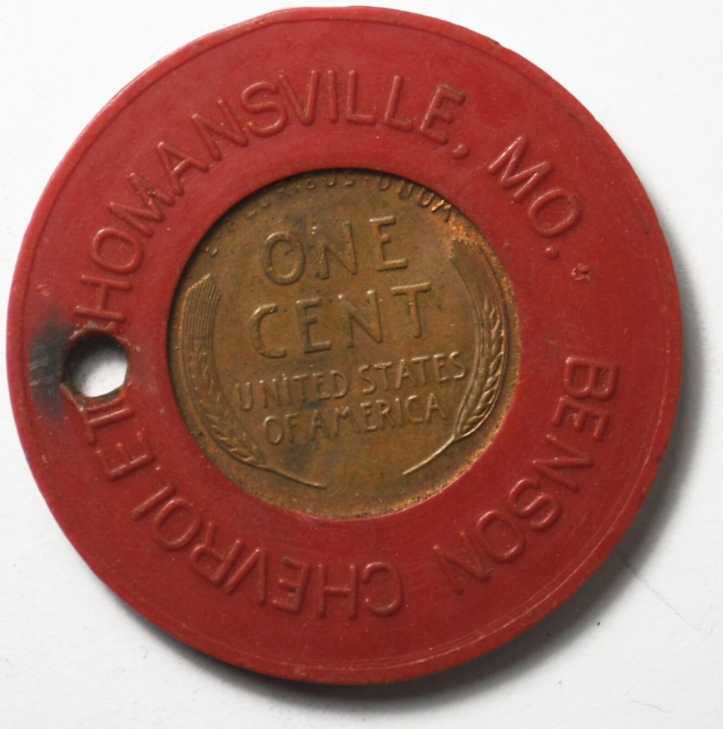 1948 1c Lincoln Wheat Encased Penny Plastic Benson Chevrolet Shomansville MO