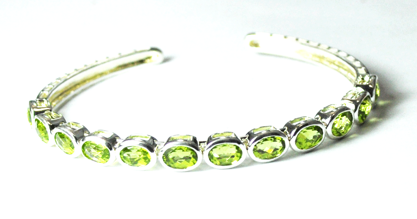 Sterling Silver PAJ Oval Green 12 CZ Single Row Cuff Bracelet 7mm 7" Wrist