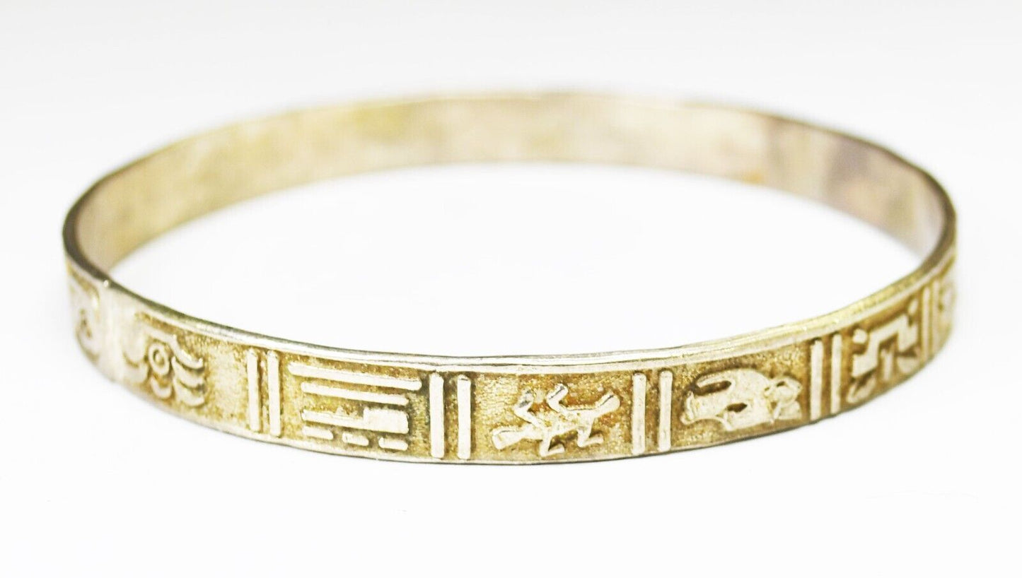 Sterling Silver Hieroglyphics Round Bangle Medium Bracelet 8mm