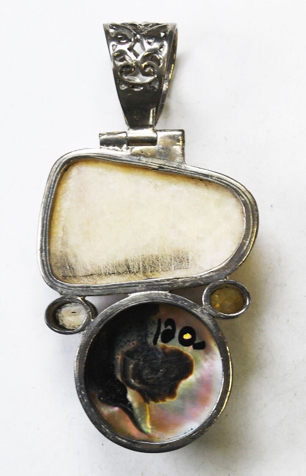 Sterling Silver Druzy Quartz MOP Citrine Large Bale Pendant 77mm x 39mm