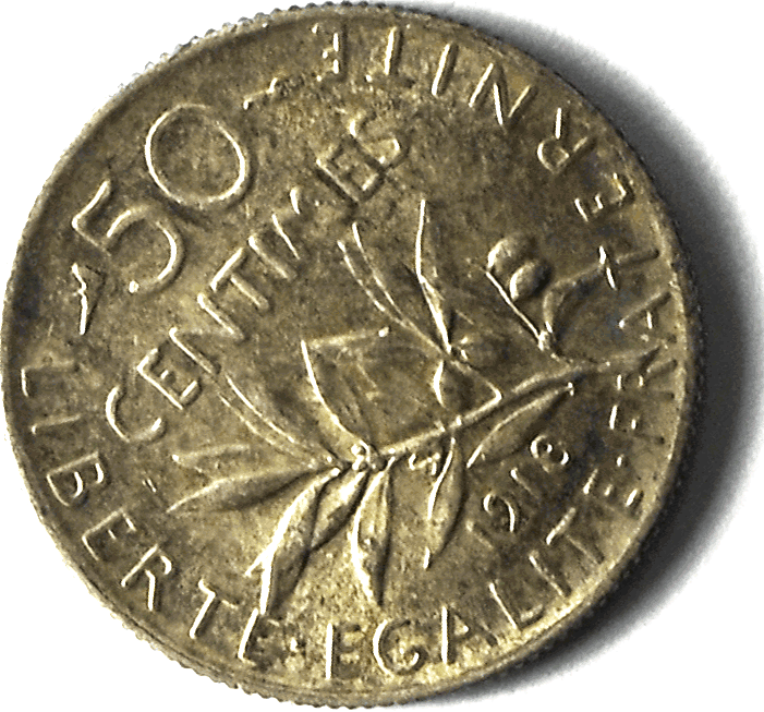 1918 France 50 Centimes Silver Coin KM# 854 1918