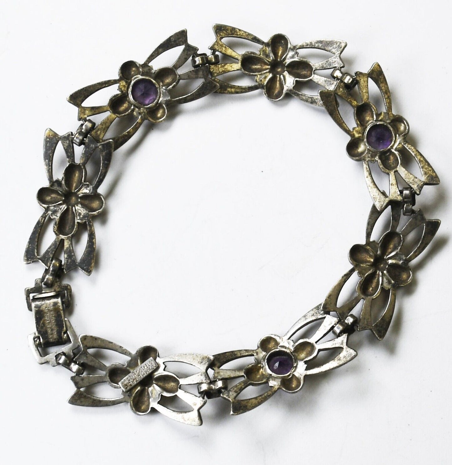 Sterling Vintage Flower Bow Amethyst Bracelet 12mm 7"