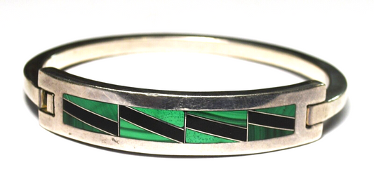 Sterling Silver Mexico Malachite Onyx Hinged Inlay Bracelet 11mm 6.5" Wrist
