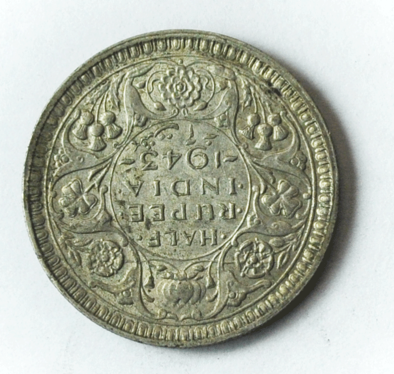 1943 B Dot India-British 1/2 Half Rupee Silver Coin KM# 552