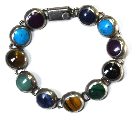Sterling Silver Mexico Multi Stone Round Link Bracelet 13mm 7"