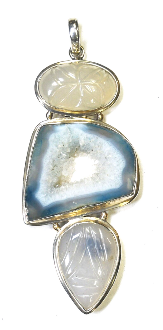 Sterling Silver Large Drusy Quartz Etched Stones Pendant 4" x 43mm