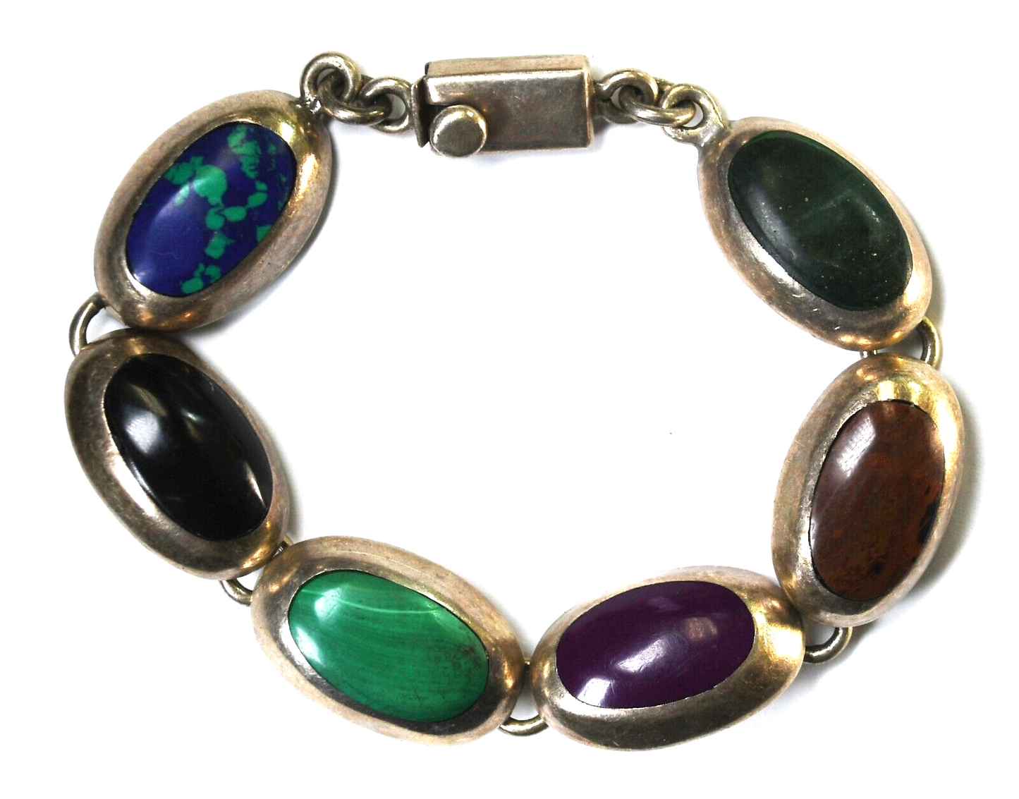 Sterling Silver Mexico Multi Stone Oval Link Bracelet 16mm 7.5"