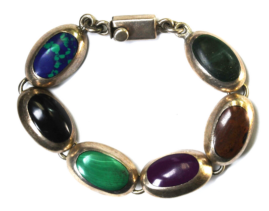 Sterling Silver Mexico Multi Stone Oval Link Bracelet 16mm 7.5"