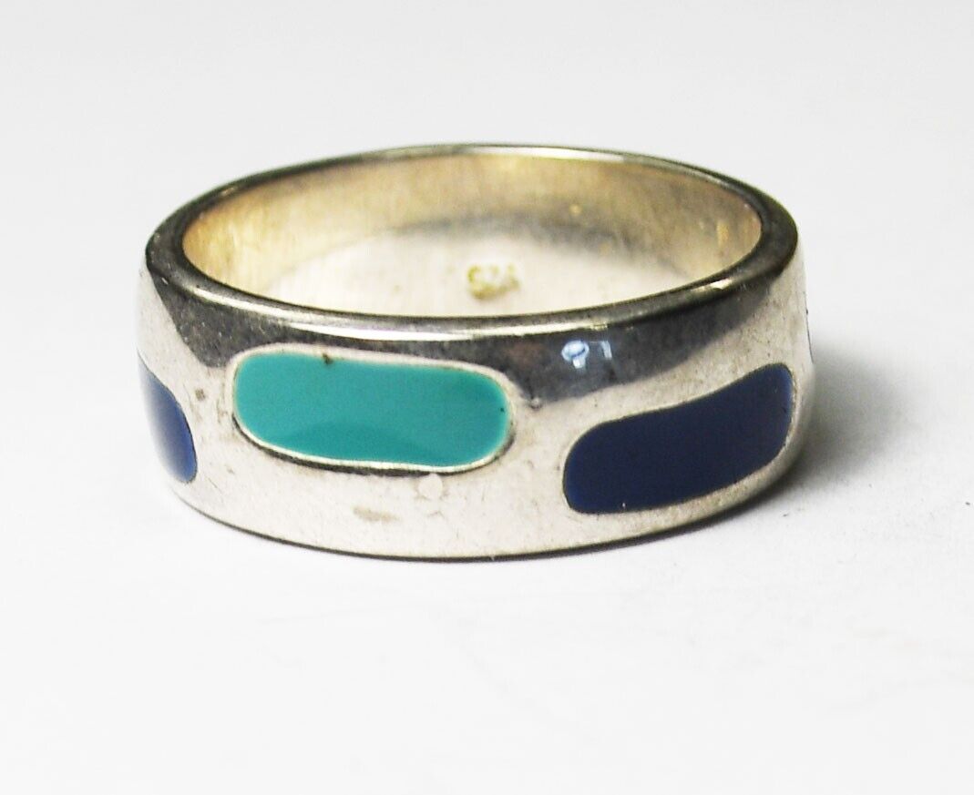 Sterling Silver Two Tone Blue Enamel Stripe Ring 7mm Band Size 8