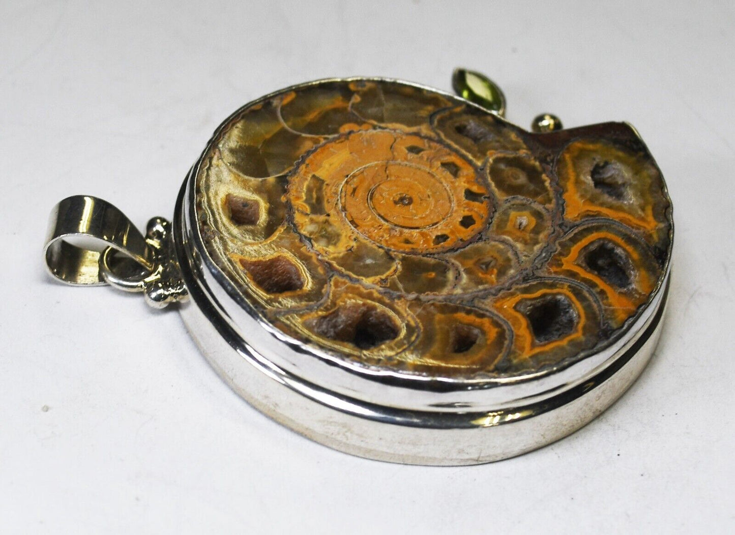 Sterling Silver Druzy Quartz Shell Peridot Pendant 66mm x 54mm