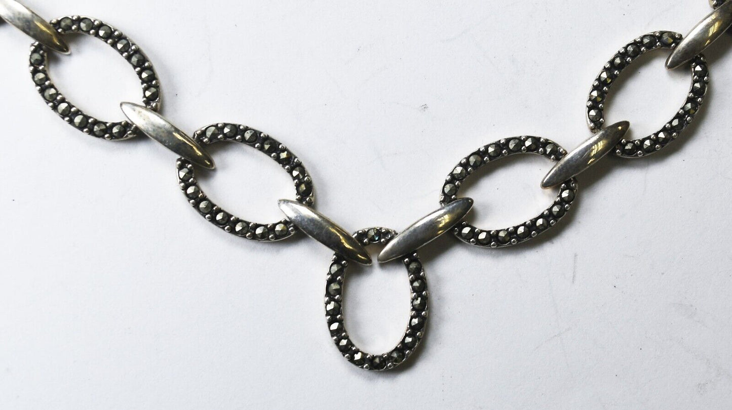Sterling Silver 12x16mm Oval Link Marcasite Necklace 16"