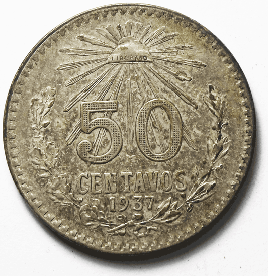1937 Mexico Estados Unidos Mexicanos Fifty Centavos 50c Silver Coin KM#447