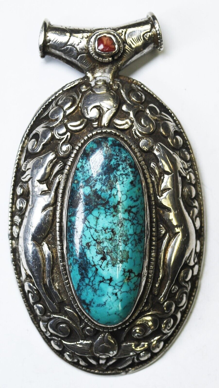 Sterling Chrysocolla Large Reversible Slider Dragon Pendant 4" x 54mm Tibetan
