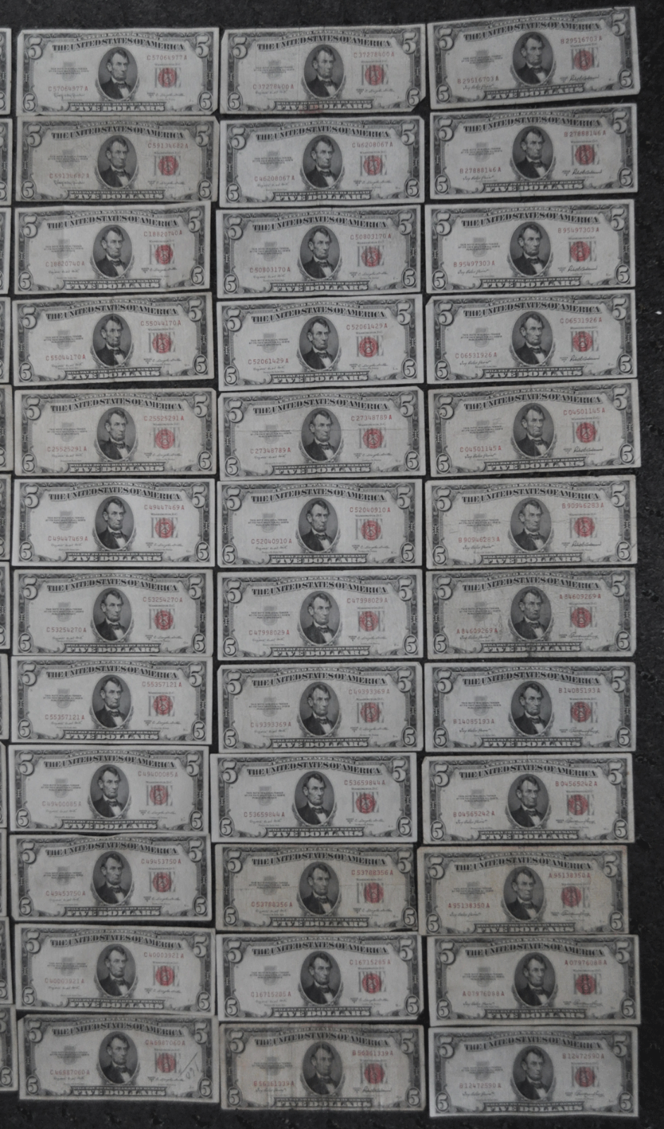 Lot of 48 Series 1953 53A 53B & 53C $5 Legal Tender Red Seal Notes Circulated