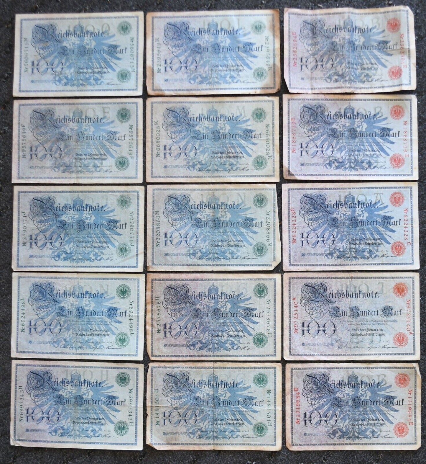 15- 1908 Germany Reichsbanknote 100 Mark Notes Red & Green 1918-22