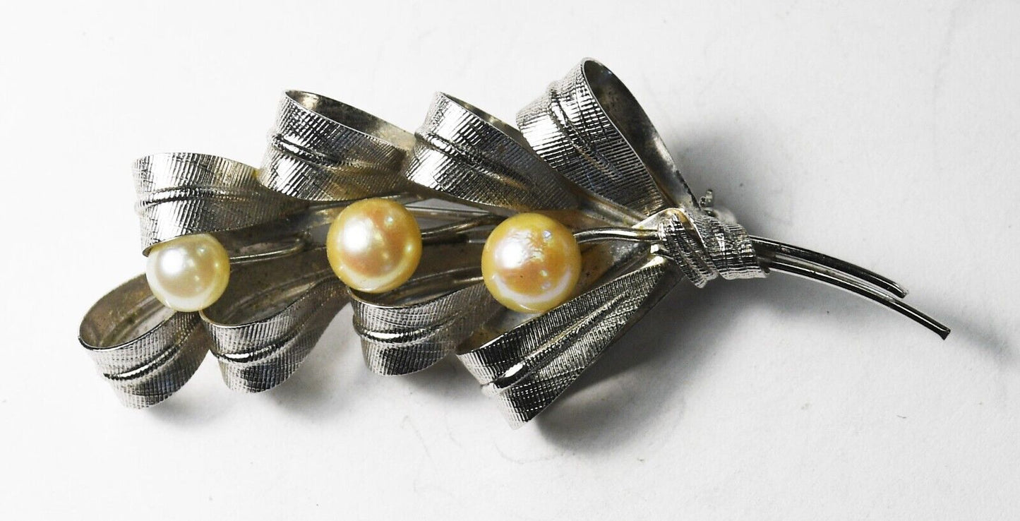 Sterling Silver DCE Curtis Pearl Lace Ribbon Brooch Pin 54mm x 23mm
